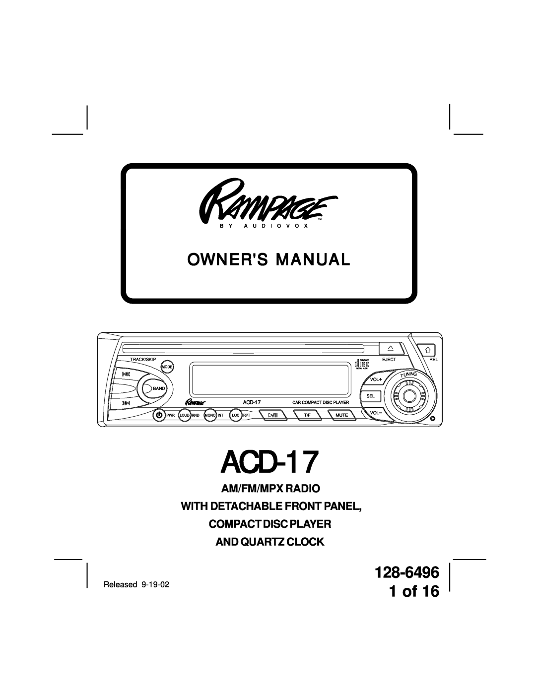 Audiovox ACD-13 manual 128-6496 1 of, ACD-17, Owners Manual, And Quartz Clock, Track/Skip, Eject, Vol Band Sel, Uning T 