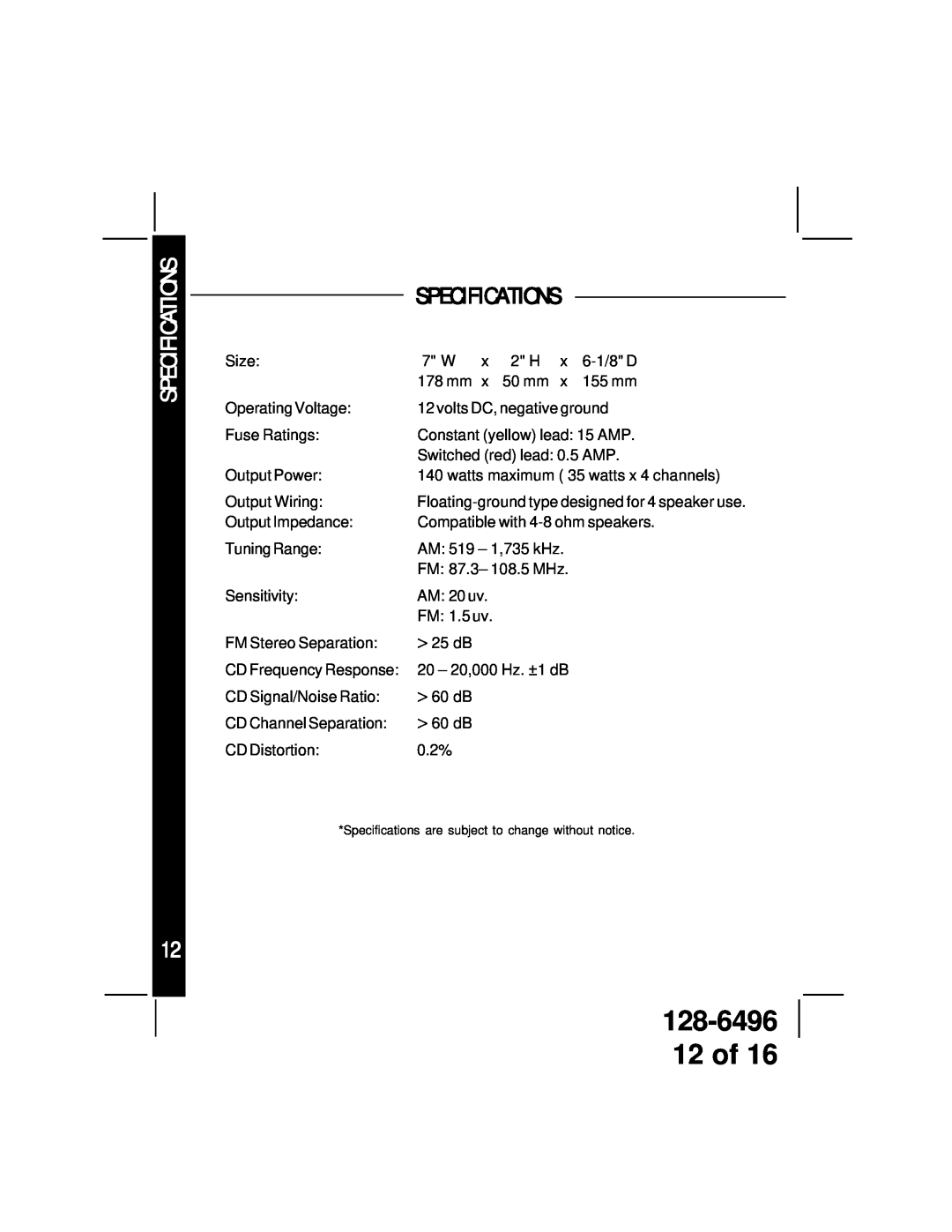 Audiovox ACD-13 manual 128-6496 12 of, Specifications 