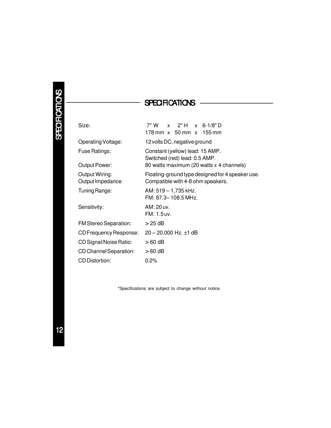 Audiovox ACD-13CS manual Specifications 