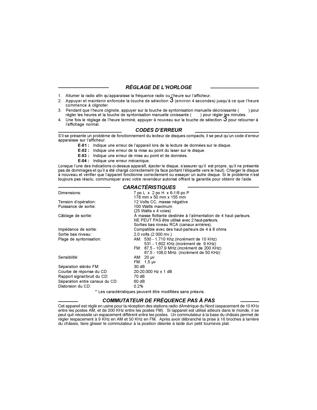 Audiovox ACD-20 manual Réglage DE L’HORLOGE 