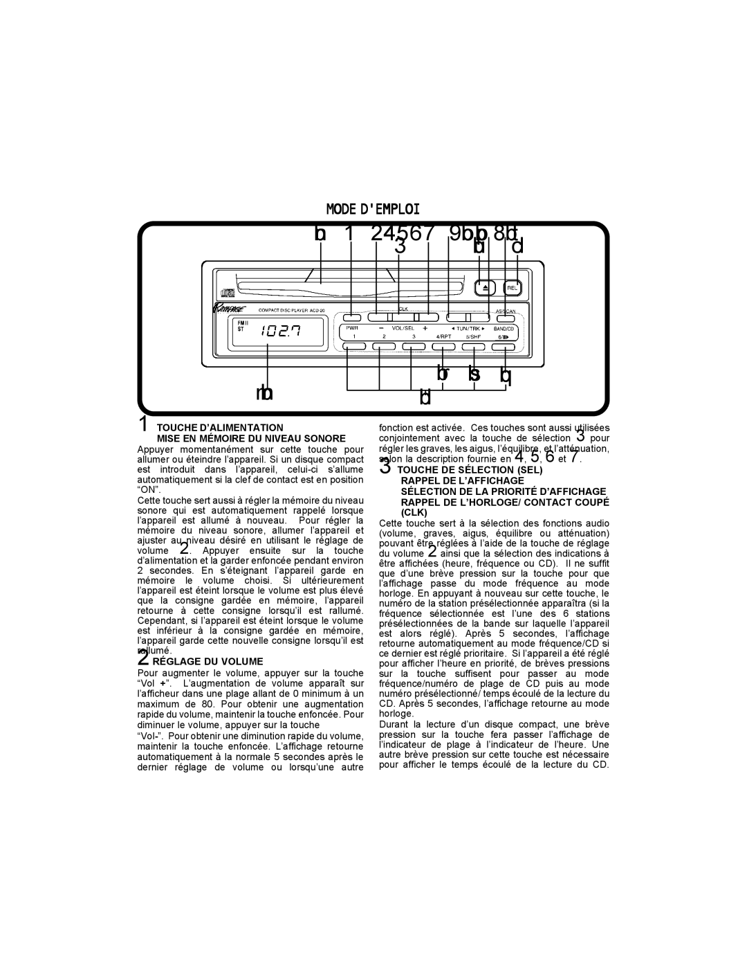 Audiovox ACD-20 Touche D’ALIMENTATION, Mise EN Mémoire DU Niveau Sonore, Touche DE Sélection SEL, Rappel DE L’AFFICHAGE 