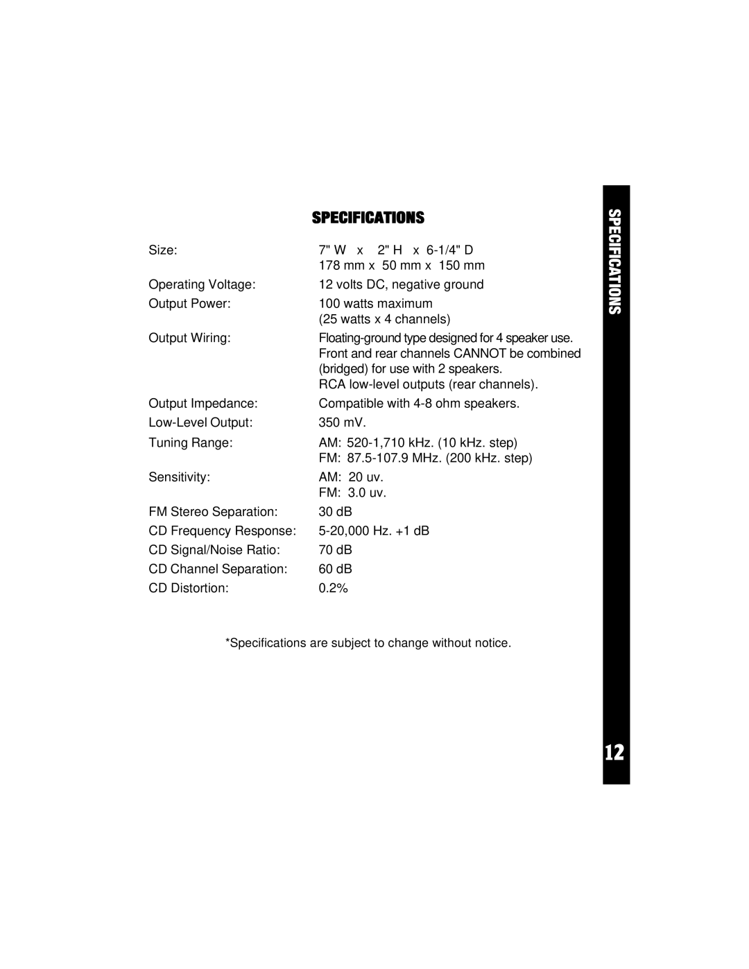 Audiovox ACD-21 owner manual Specifications 