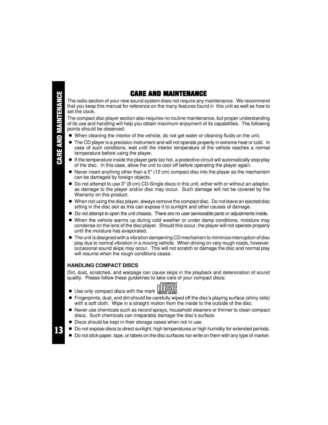 Audiovox ACD-21 owner manual Care and Maintenance 