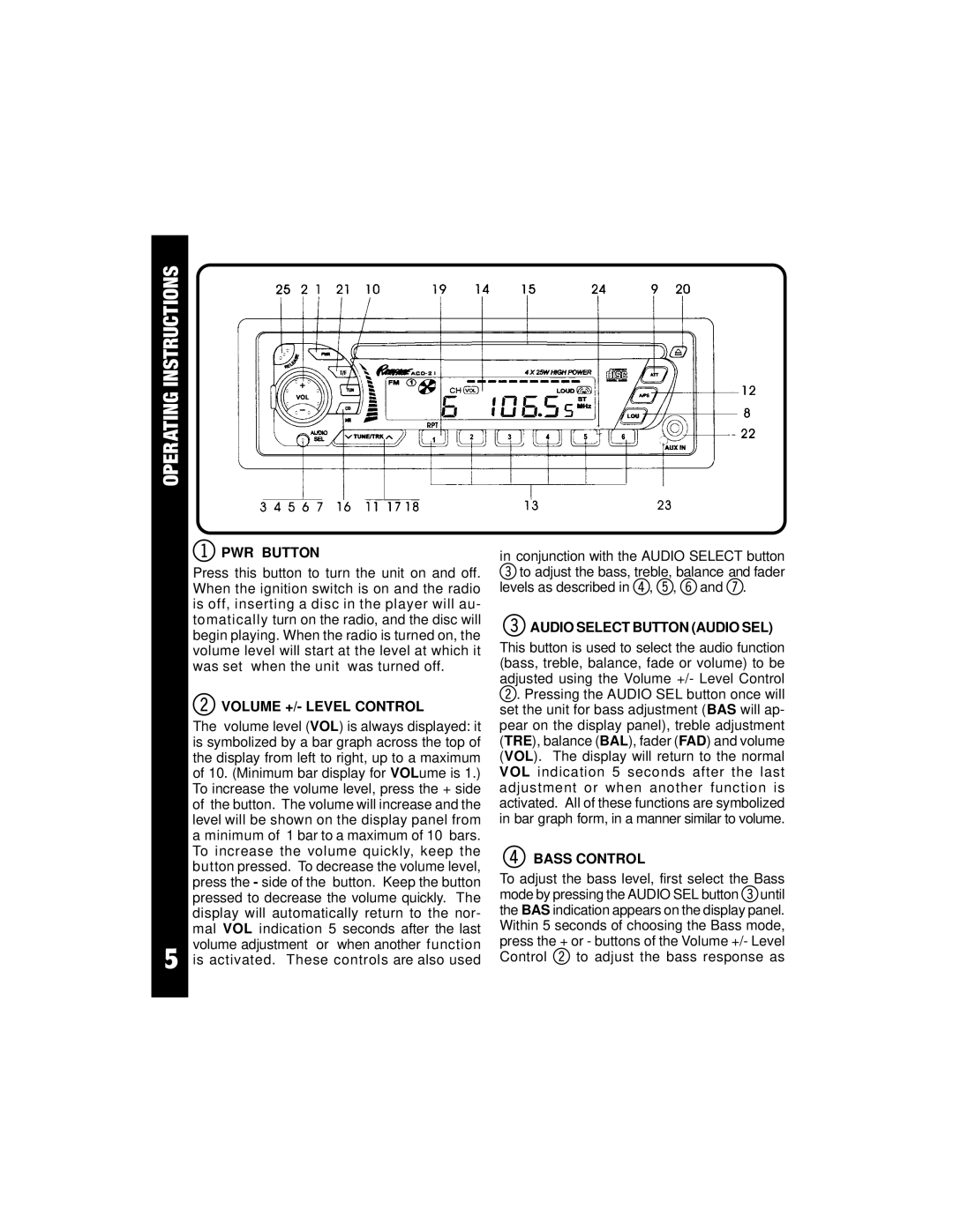 Audiovox ACD-21 Operating Instructions, PWR Button, Volume +/- Level Control, Audio Select Button Audio SEL, Bass Control 