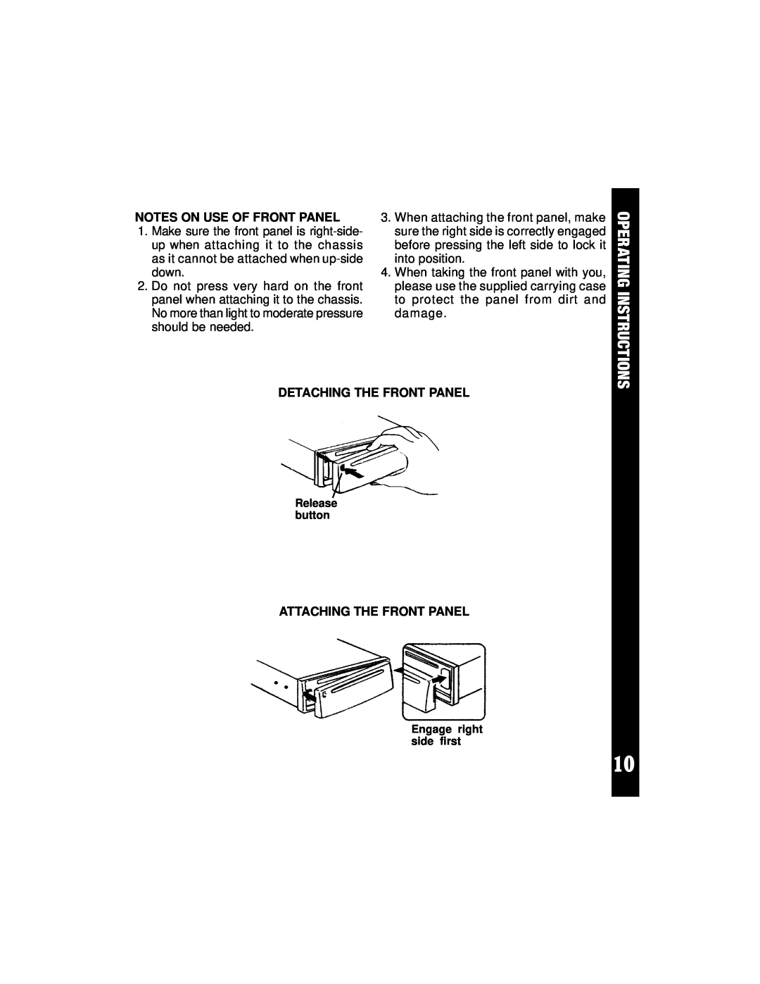 Audiovox ACD-21 Operating Instructions, Notes On Use Of Front Panel, Detaching The Front Panel, Attaching The Front Panel 
