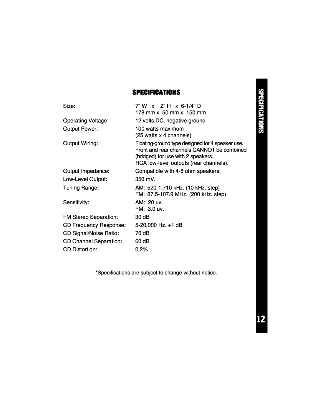 Audiovox ACD-21 owner manual Specifications 