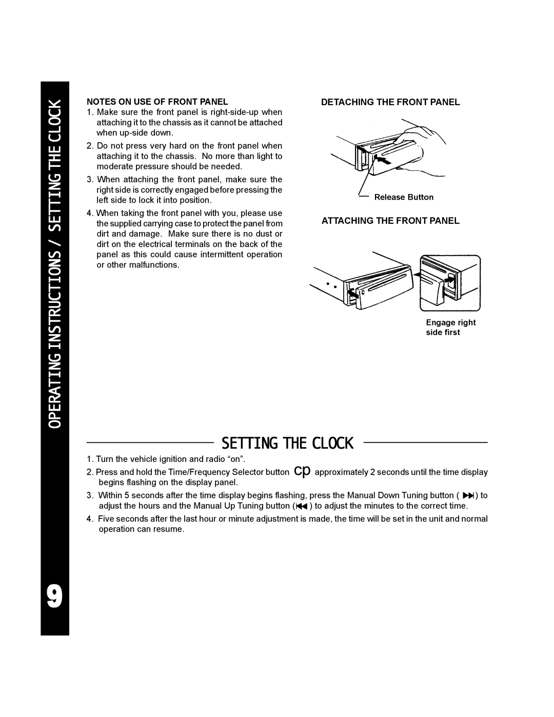 Audiovox ACD-25 manual OPERATINGINSTRUCTIONS/ Settingtheclock, Setting the Clock, Detaching the Front Panel 