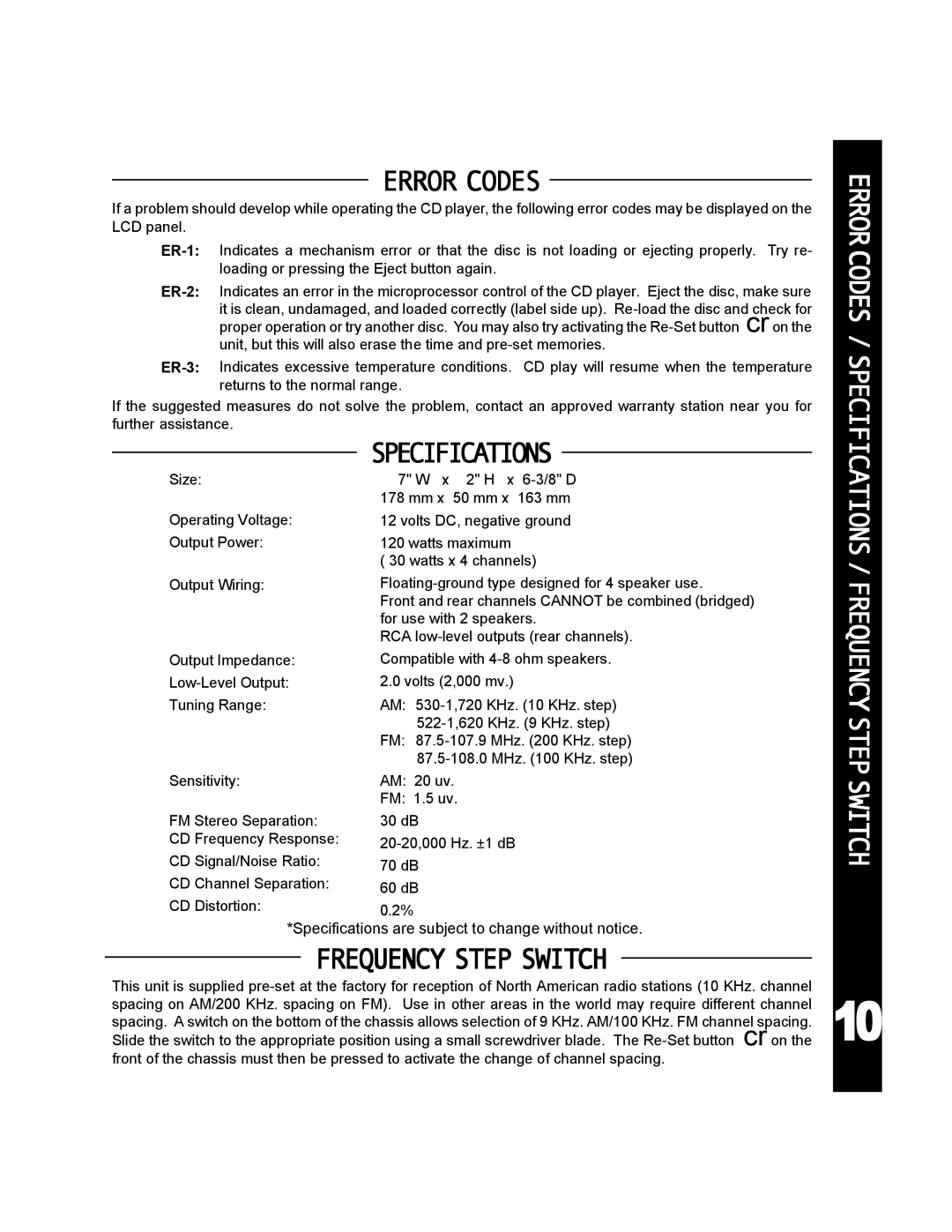 Audiovox ACD-25 manual Error Codes, Specifications, Frequency Step Switch, Stepswitch 