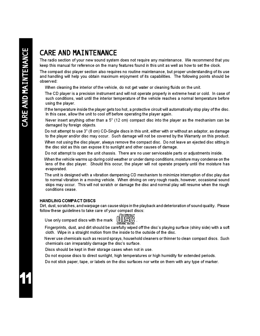 Audiovox ACD-25 manual Care and Maintenance, Handling Compact Discs 