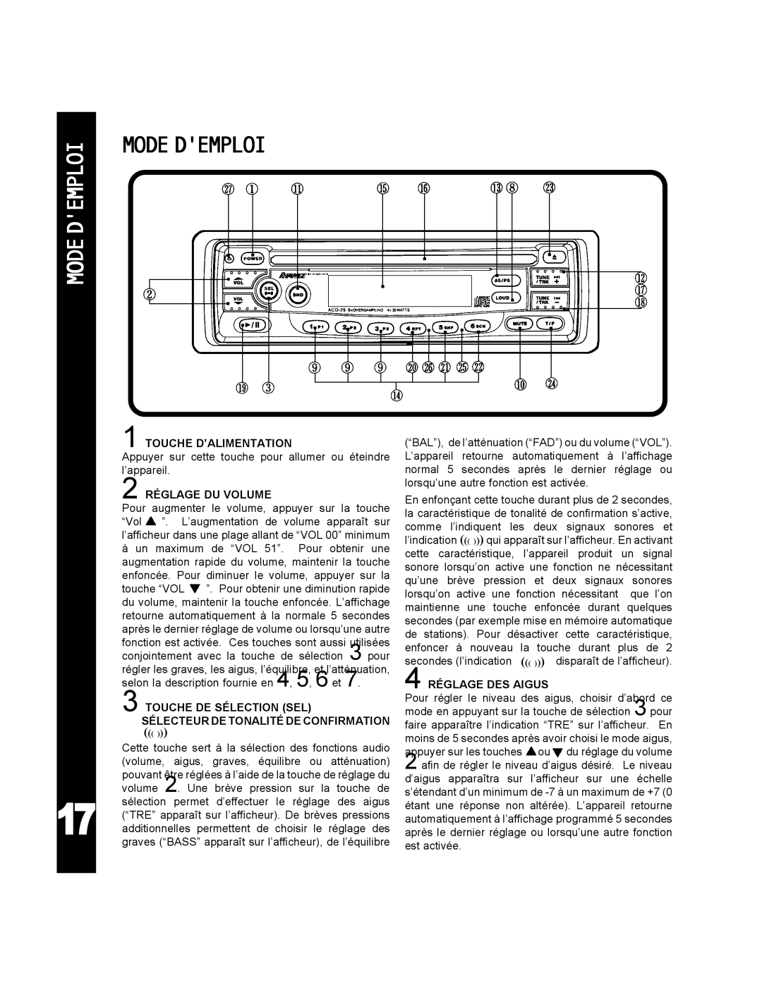 Audiovox ACD-25 manual Mode Demploi, Touche D’ALIMENTATION, Réglage DU Volume, Réglage DES Aigus 