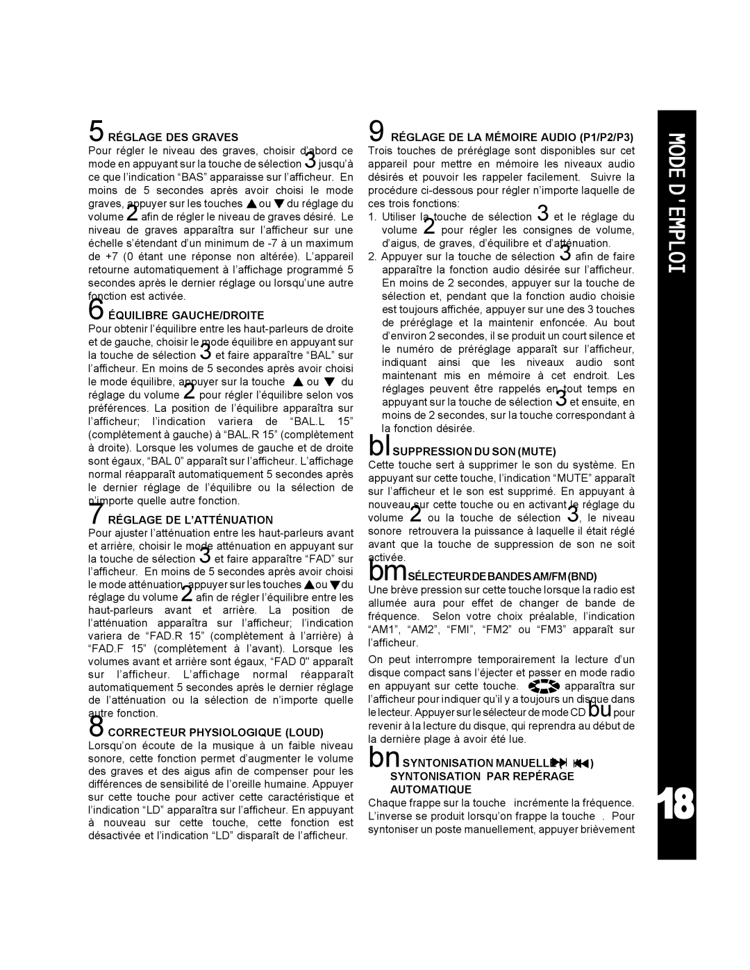 Audiovox ACD-25 manual Modedemploi, Réglage DES Graves, Équilibre GAUCHE/DROITE, Réglage DE L’ATTÉNUATION 