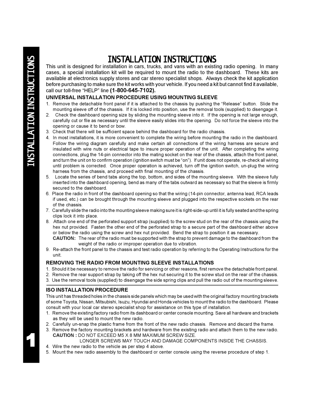 Audiovox ACD-25 manual Installationinstructions, Universal Installation Procedure Using Mounting Sleeve 