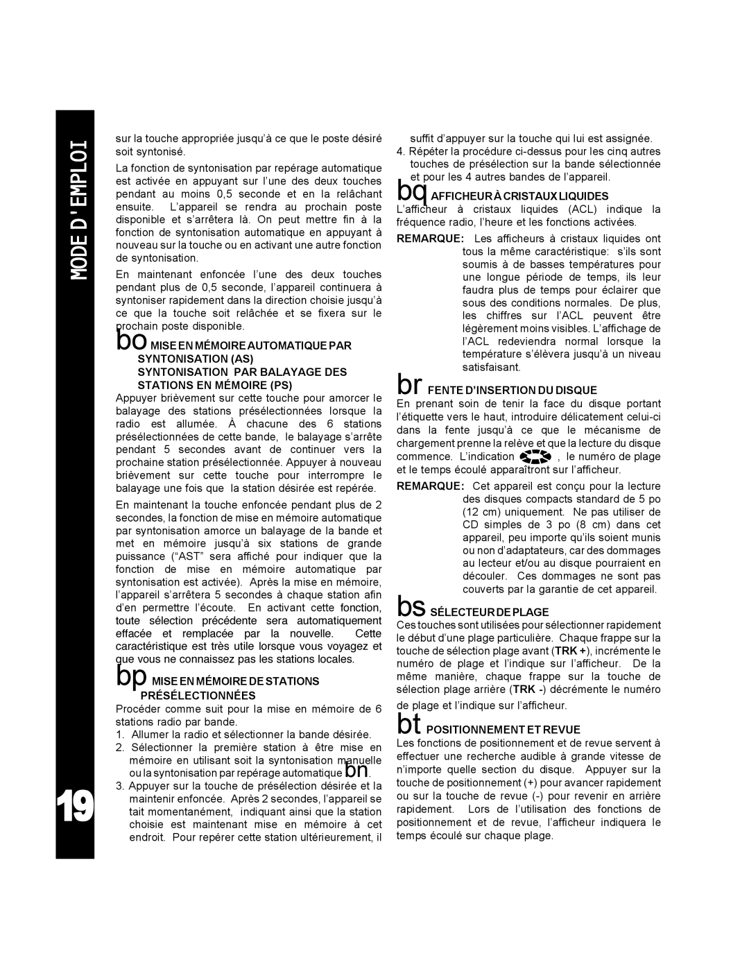 Audiovox ACD-25 manual Présélectionnées 