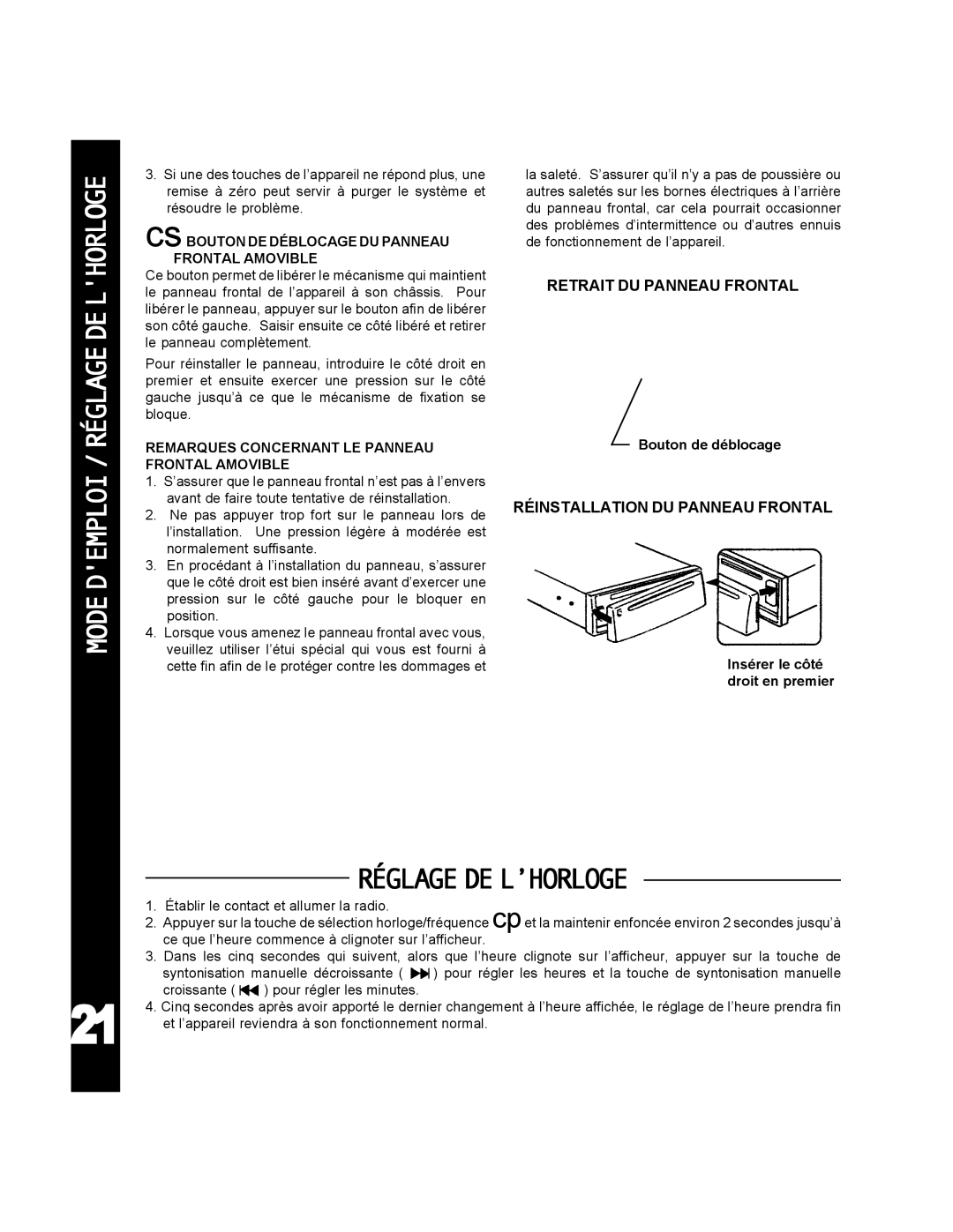 Audiovox ACD-25 manual Mode, Réglage DE L’HORLOGE, Retrait DU Panneau Frontal, Réinstallation DU Panneau Frontal 