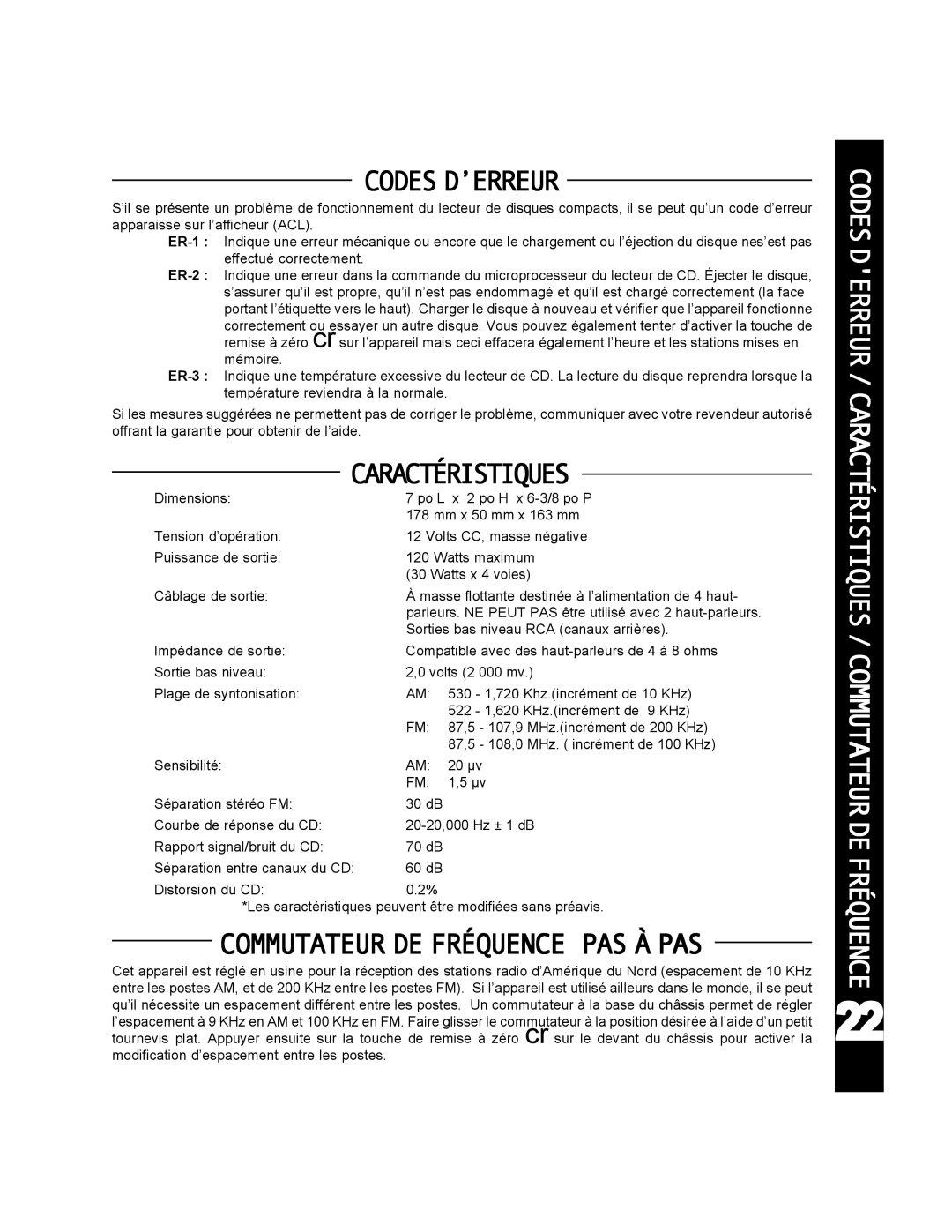 Audiovox ACD-25 manual Codes D’ERREUR, Commutateur DE Fréquence PAS À PAS 