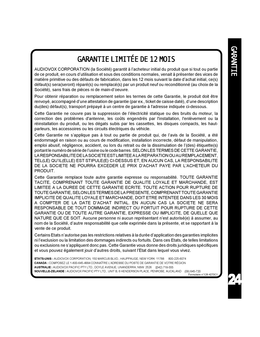 Audiovox ACD-25 manual GARANTIELIMITÉEDE12MOIS, Garantie 