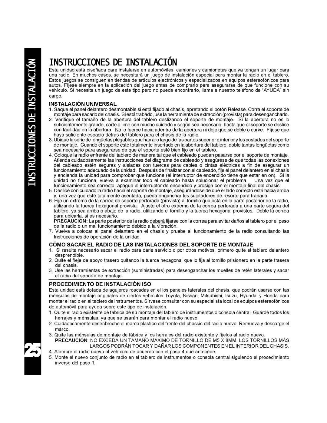 Audiovox ACD-25 manual Instrucciones DE Instalación, Instalación Universal, Procedimiento DE Instalación ISO 