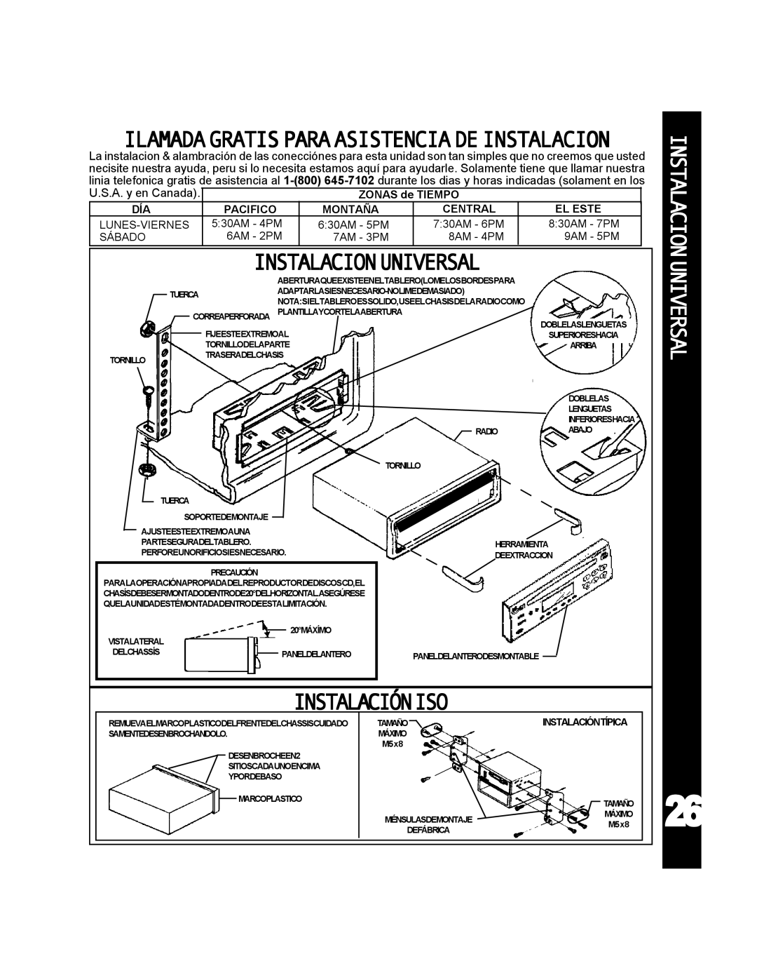 Audiovox ACD-25 manual A. y en Canada, Zonas de Tiempo, DÍA Pacifico Montaña Central EL Este LUNES-VIERNES, Sábado 