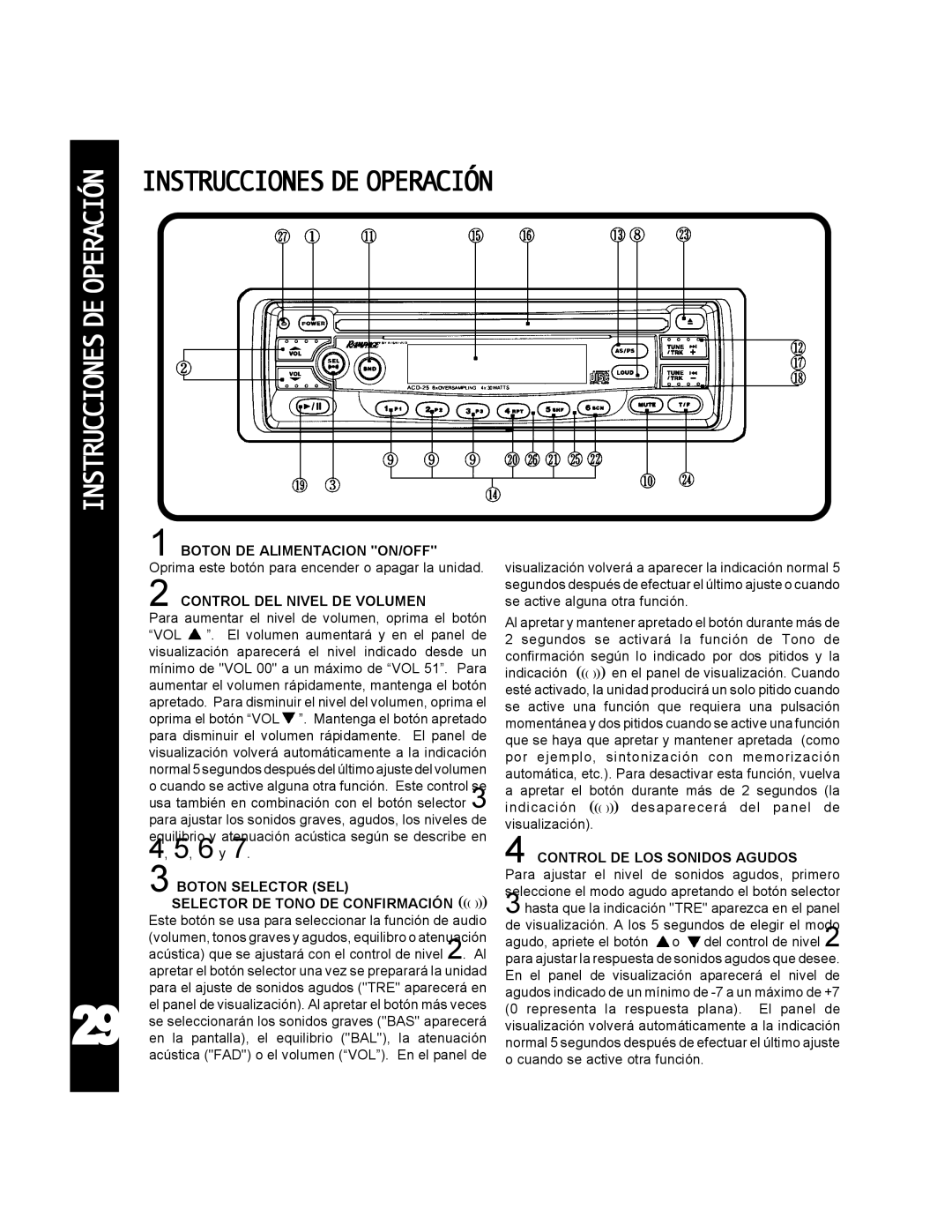 Audiovox ACD-25 Instruccionesdeoperación, Control DEL Nivel DE Volumen, Boton Selector SEL, Control DE LOS Sonidos Agudos 