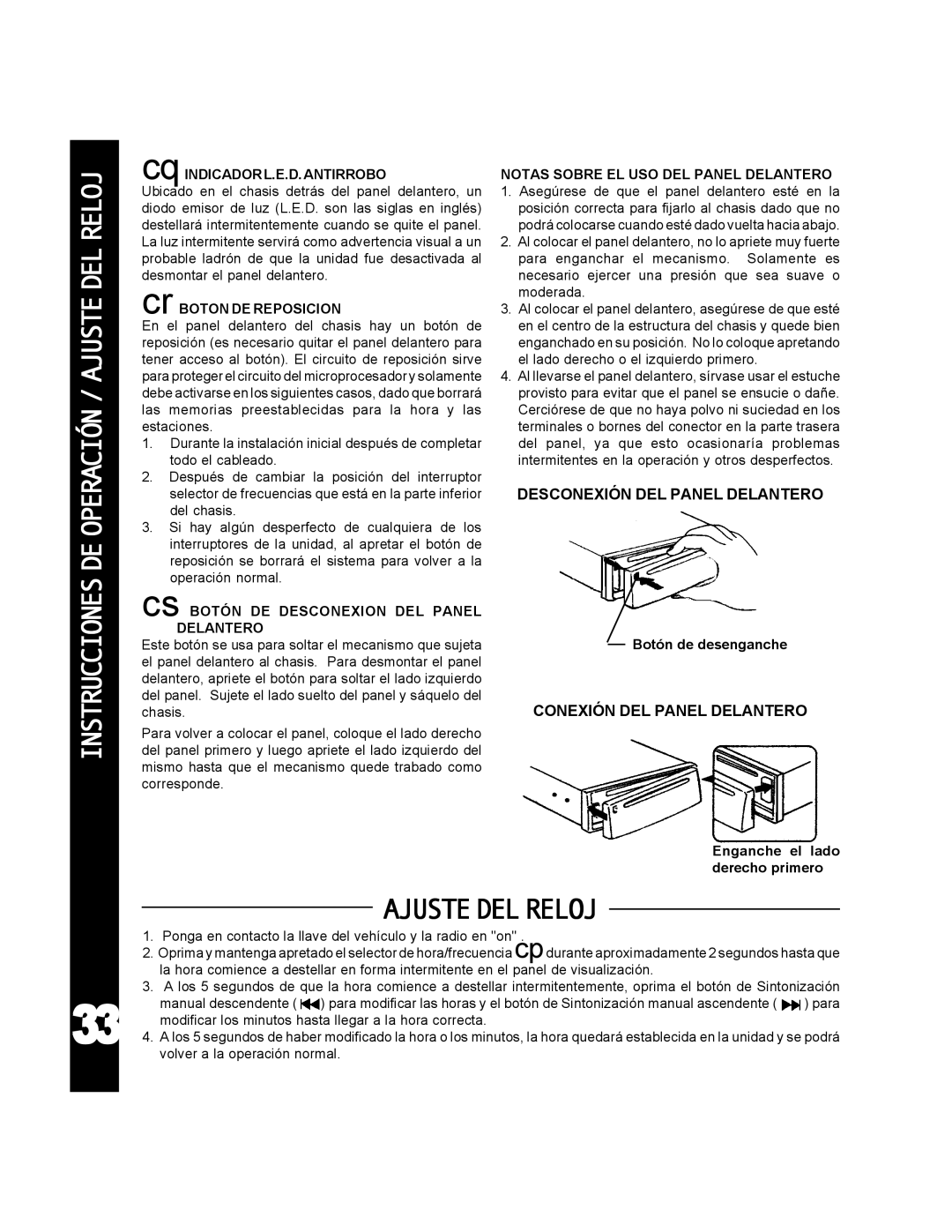 Audiovox ACD-25 manual Instrucciones DE Operación / Ajuste DEL Reloj, Ajustedelreloj, Desconexión DEL Panel Delantero 