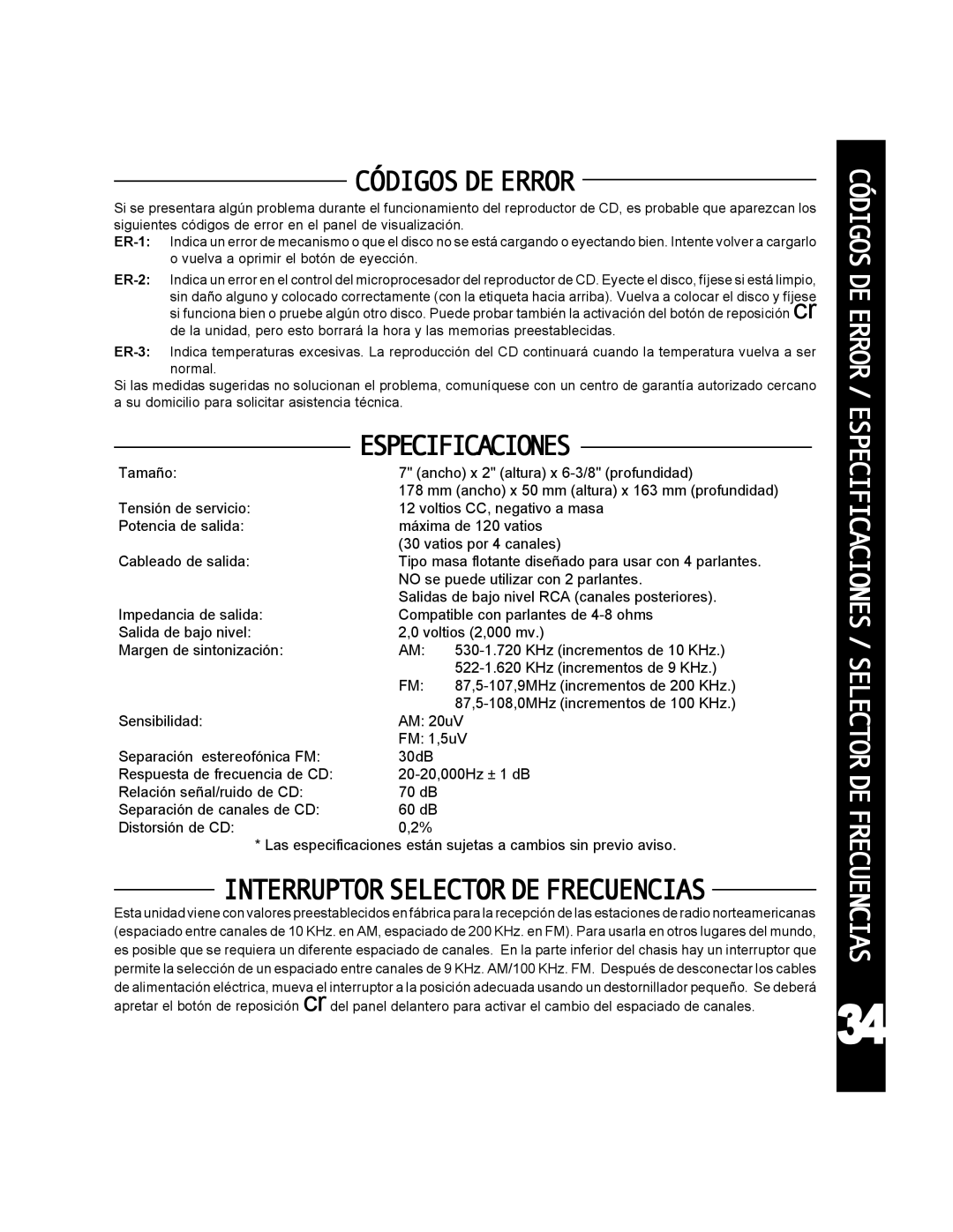 Audiovox ACD-25 manual Códigosdeerror, Interruptorselectordefrecuencias 