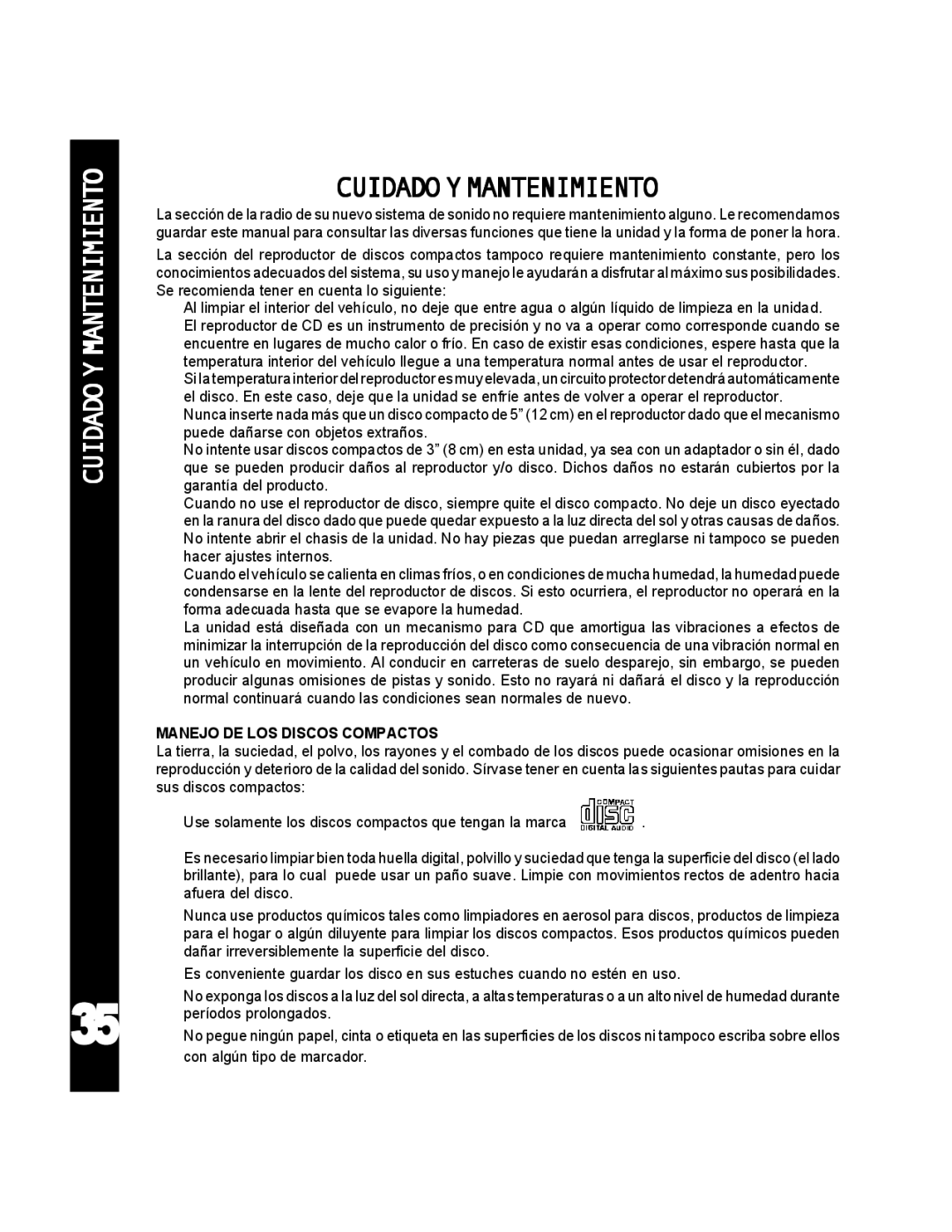 Audiovox ACD-25 manual Cuidado Y Mantenimiento, Cuidadoymantenimiento, Manejo DE LOS Discos Compactos 