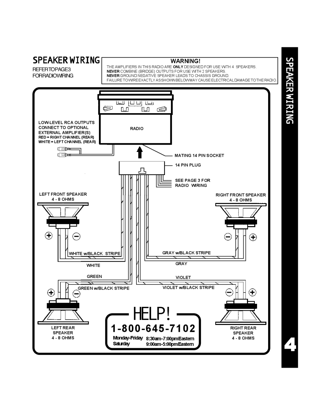 Audiovox ACD-25 manual Speakerwiringwarning, Speaker Wiring, Forradiowiring, Monday-Friday 830am-700pmEastern, Saturday 