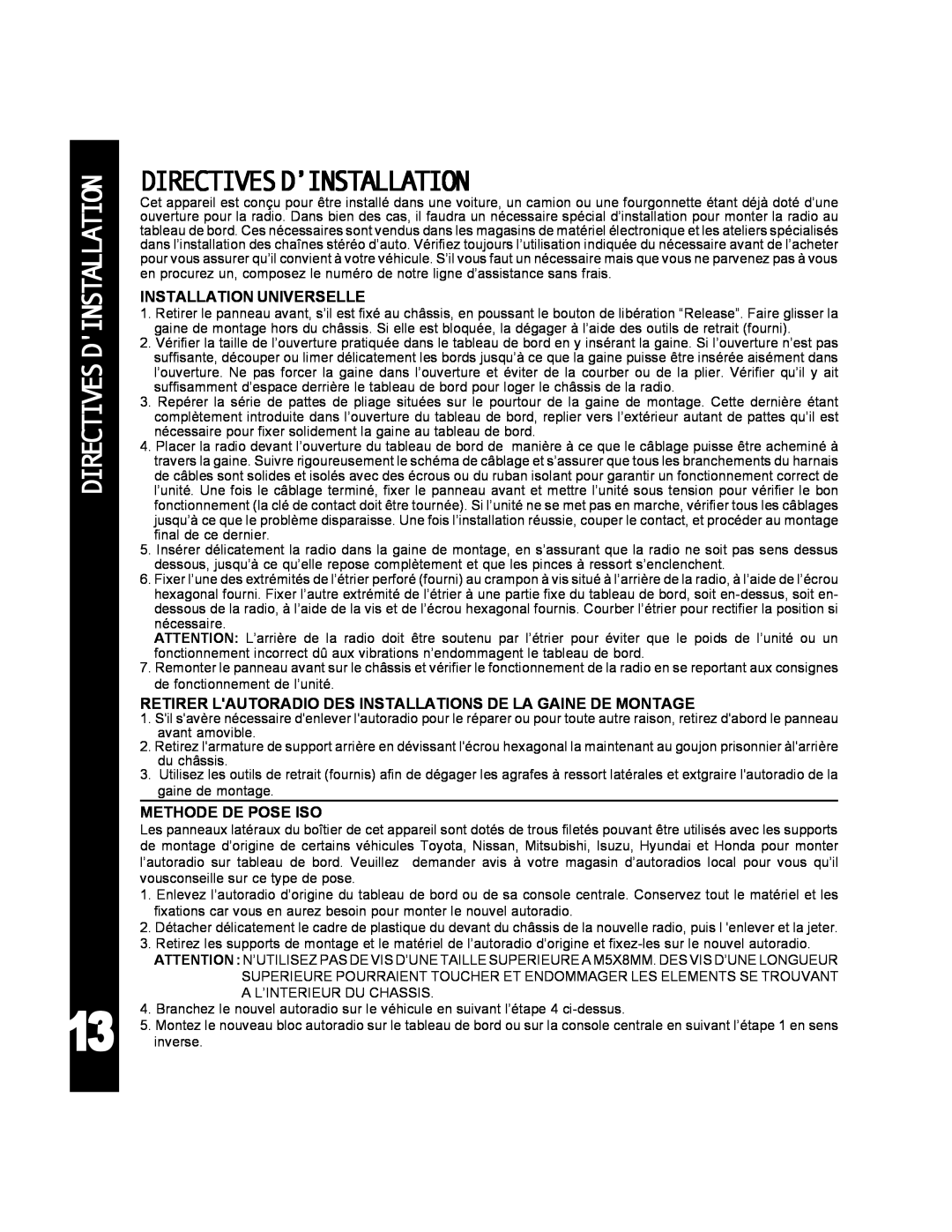 Audiovox ACD-25 manual Directivesdinstallation, Directivesd’Installation 