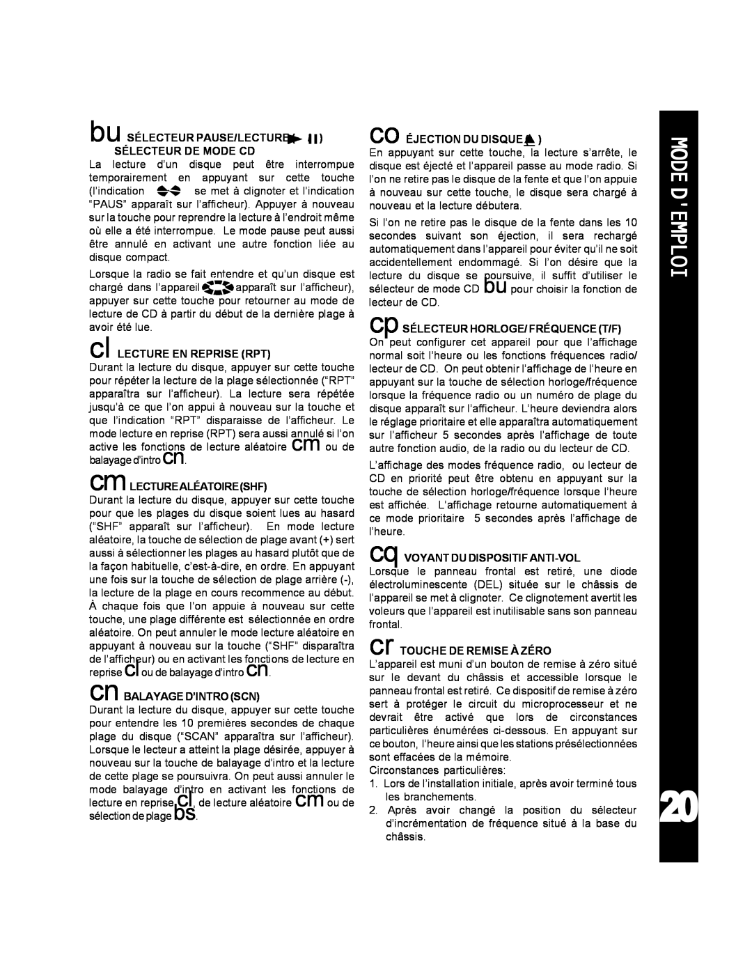 Audiovox ACD-25 manual Modedemploi, bu SÉLECTEUR PAUSE/LECTURE SÉLECTEUR DE MODE CD 