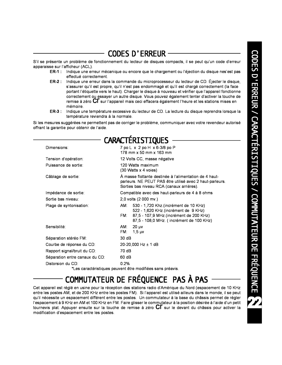 Audiovox ACD-25 manual Codes D’Erreur, Commutateur De Fréquence Pas À Pas, Caractéristiques 