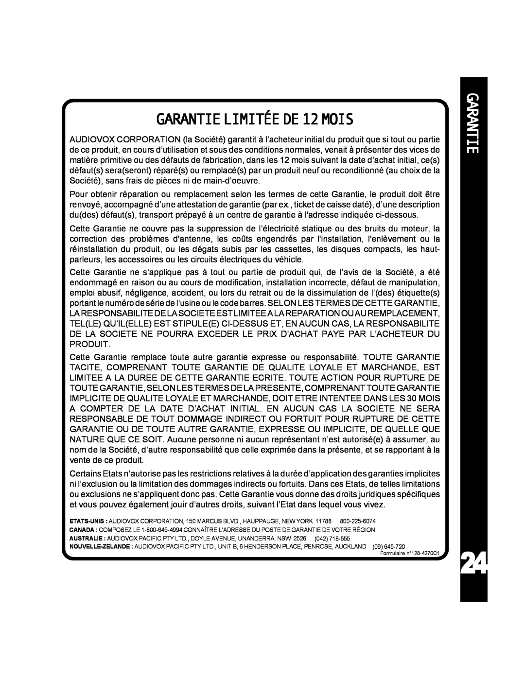 Audiovox ACD-25 manual GARANTIELIMITÉEDE12MOIS, Garantie 