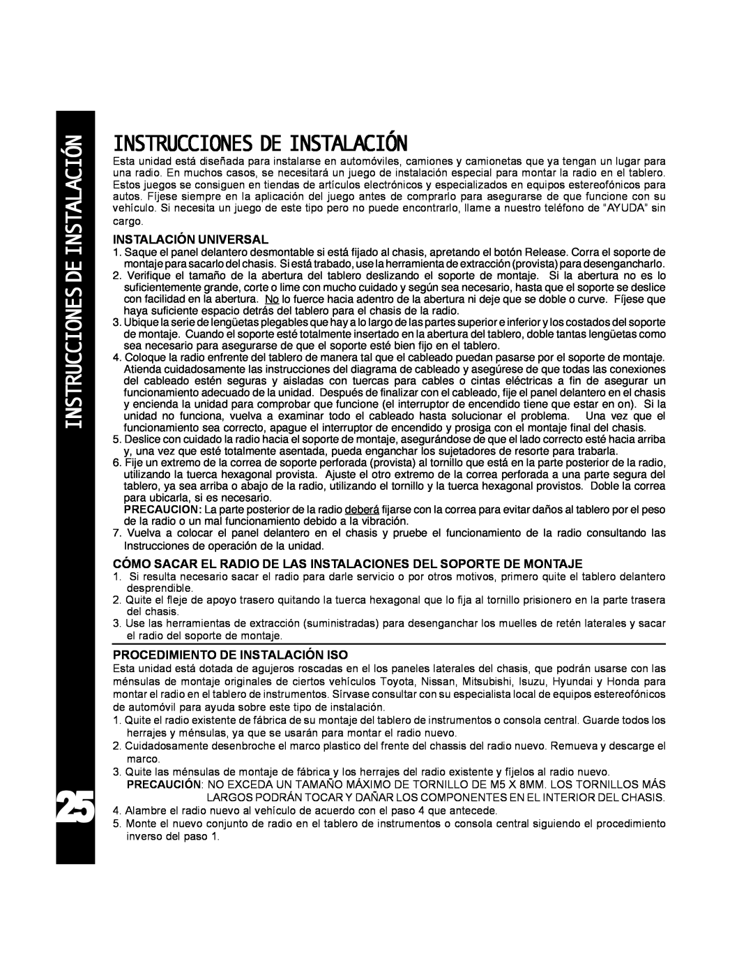 Audiovox ACD-25 manual Instrucciones De Instalación, Instalación Universal, Procedimiento De Instalación Iso 