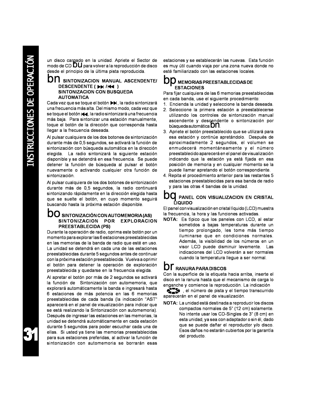 Audiovox ACD-25 manual Instruccionesdeoperación, bn SINTONIZACION MANUAL ASCENDENTE DESCENDENTE 