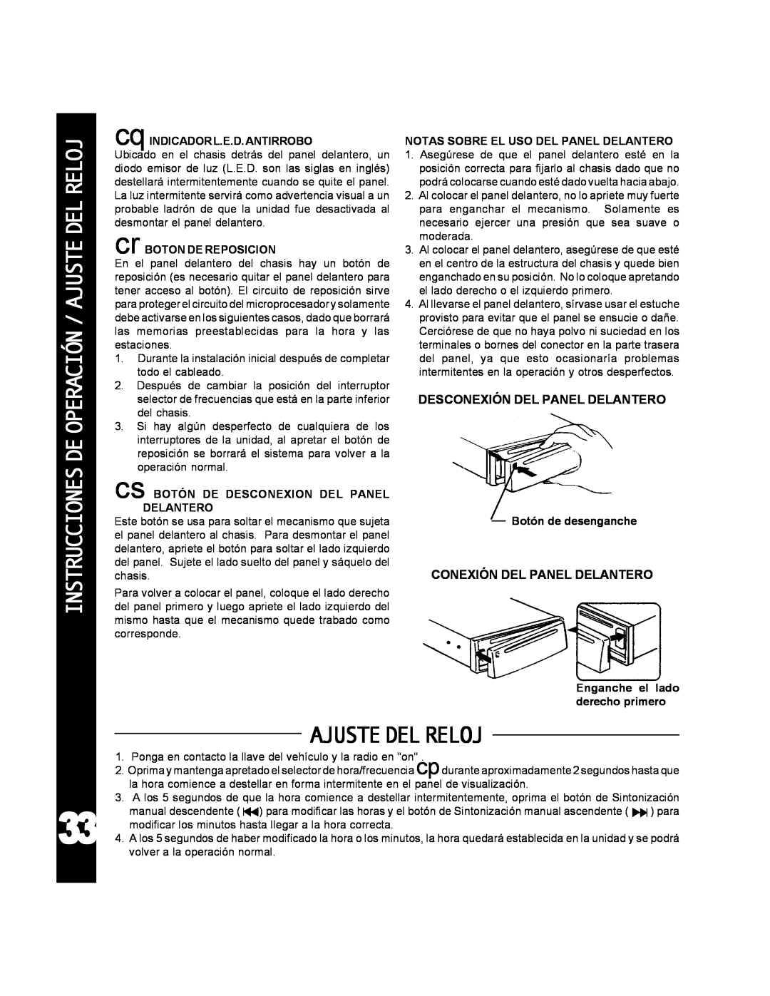 Audiovox ACD-25 manual Instrucciones De Operación / Ajuste Del Reloj, Ajustedelreloj 