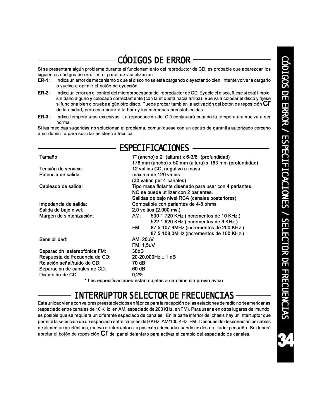 Audiovox ACD-25 manual Códigosdeerror, Interruptorselectordefrecuencias, Especificaciones 