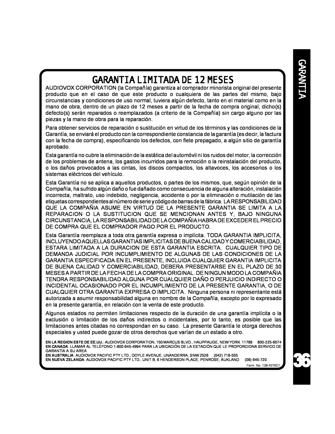 Audiovox ACD-25 manual GARANTIA LIMITADA DE 12 MESES, Garantia 