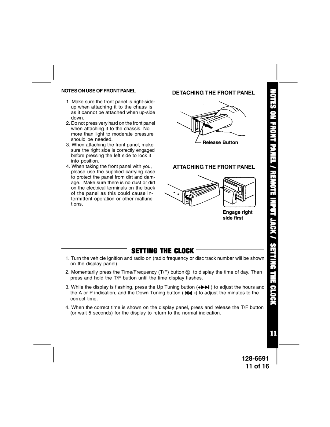 Audiovox ACD-27 manual Setting the Clock, Release Button, Engage right side first 