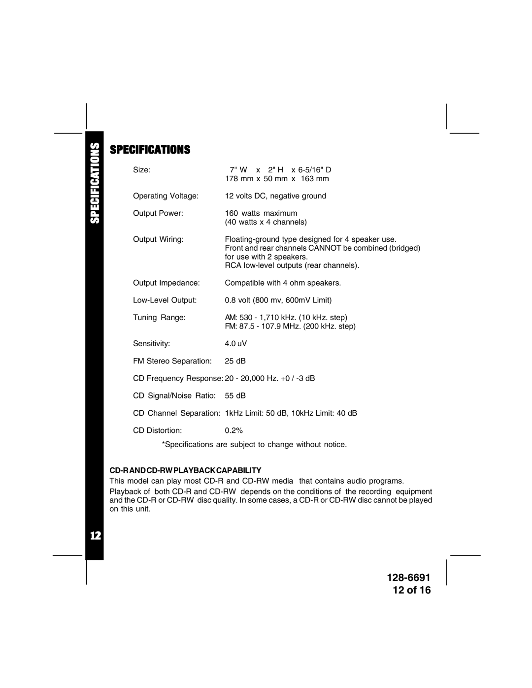 Audiovox ACD-27 manual Specifications, Cd-Randcd-Rwplaybackcapability 