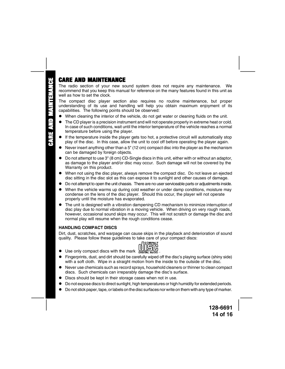 Audiovox ACD-27 manual Care and Maintenance, Handling Compact Discs 