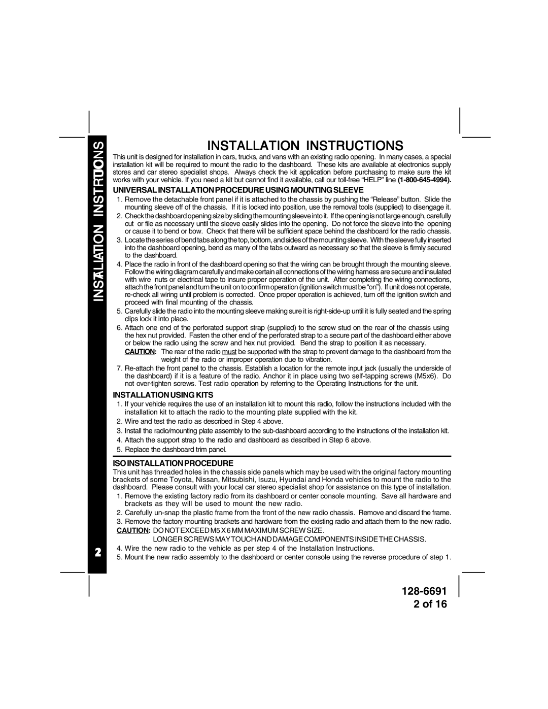 Audiovox ACD-27 manual Installation Instructions, Universalinstallationprocedureusingmountingsleeve, Installationusingkits 