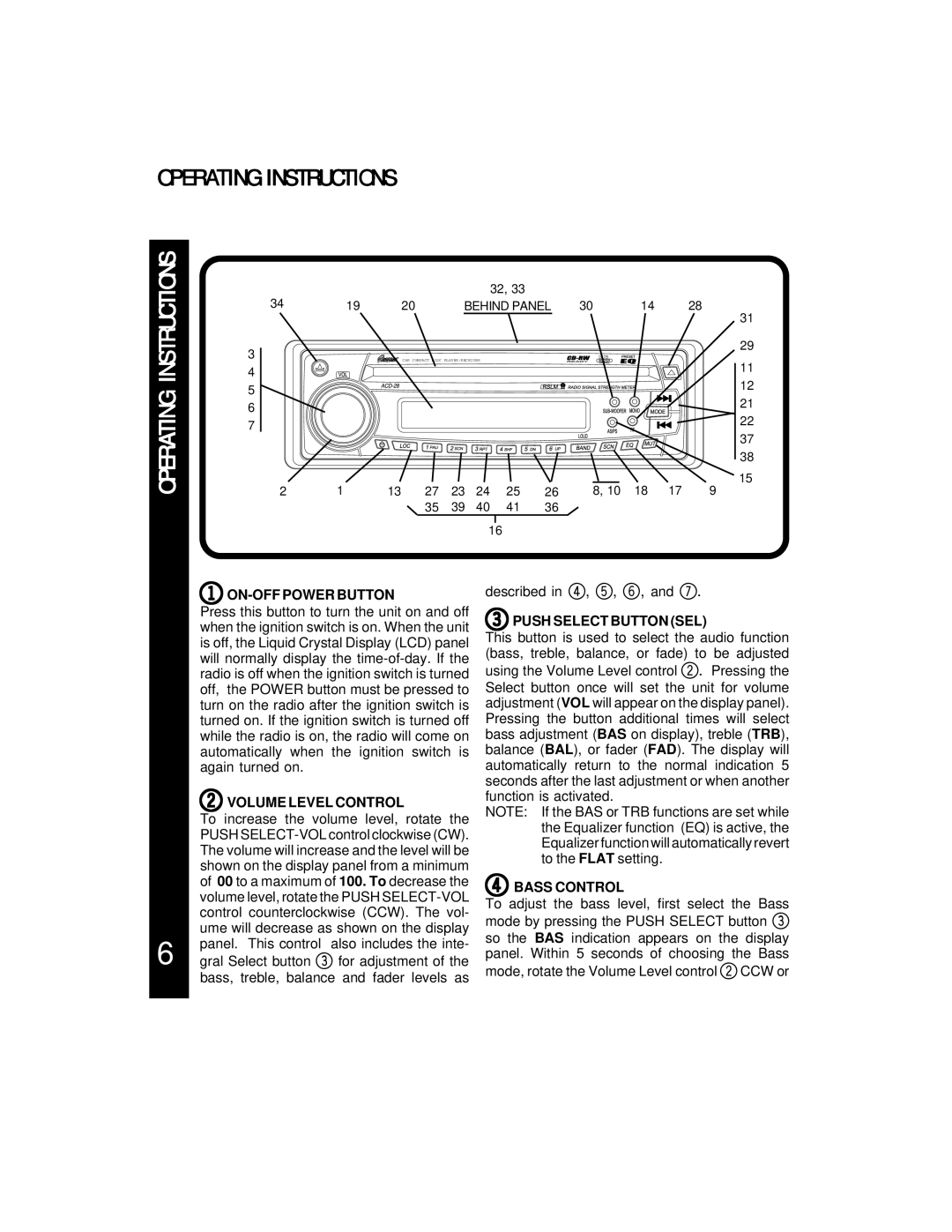 Audiovox ACD-28 Operating Instructions, ON-OFF Power Button, Volume Level Control, Push Select Button SEL, Bass Control 