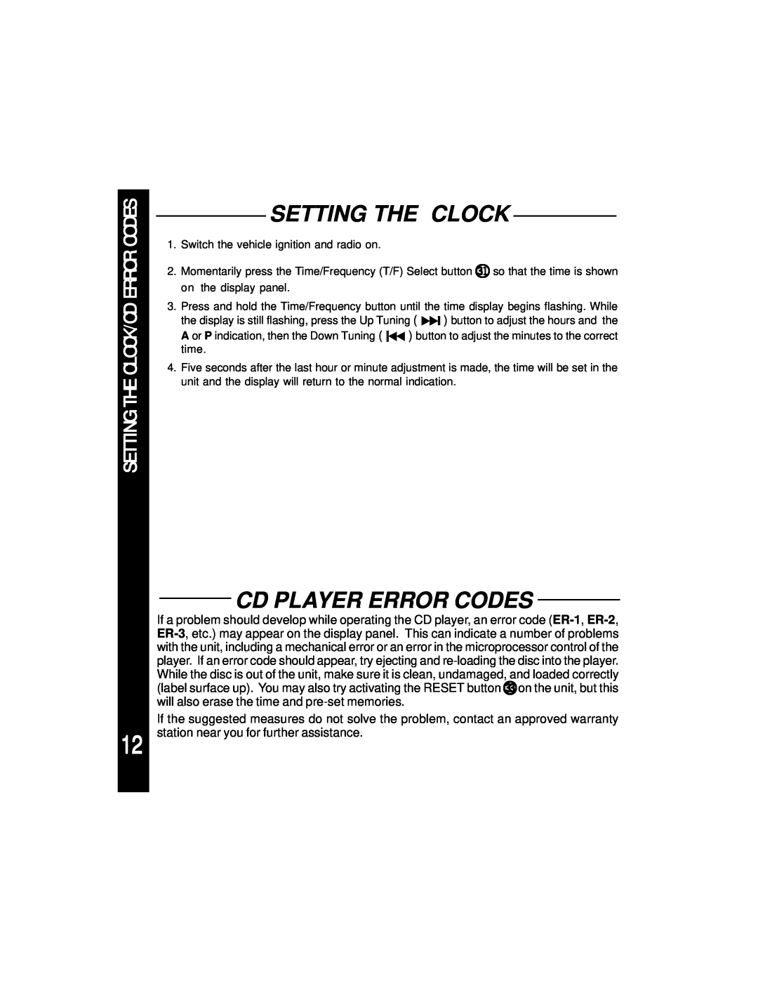 Audiovox ACD-28A manual Setting The Clock/Cd Error Codes, Cd Player Error Codes 