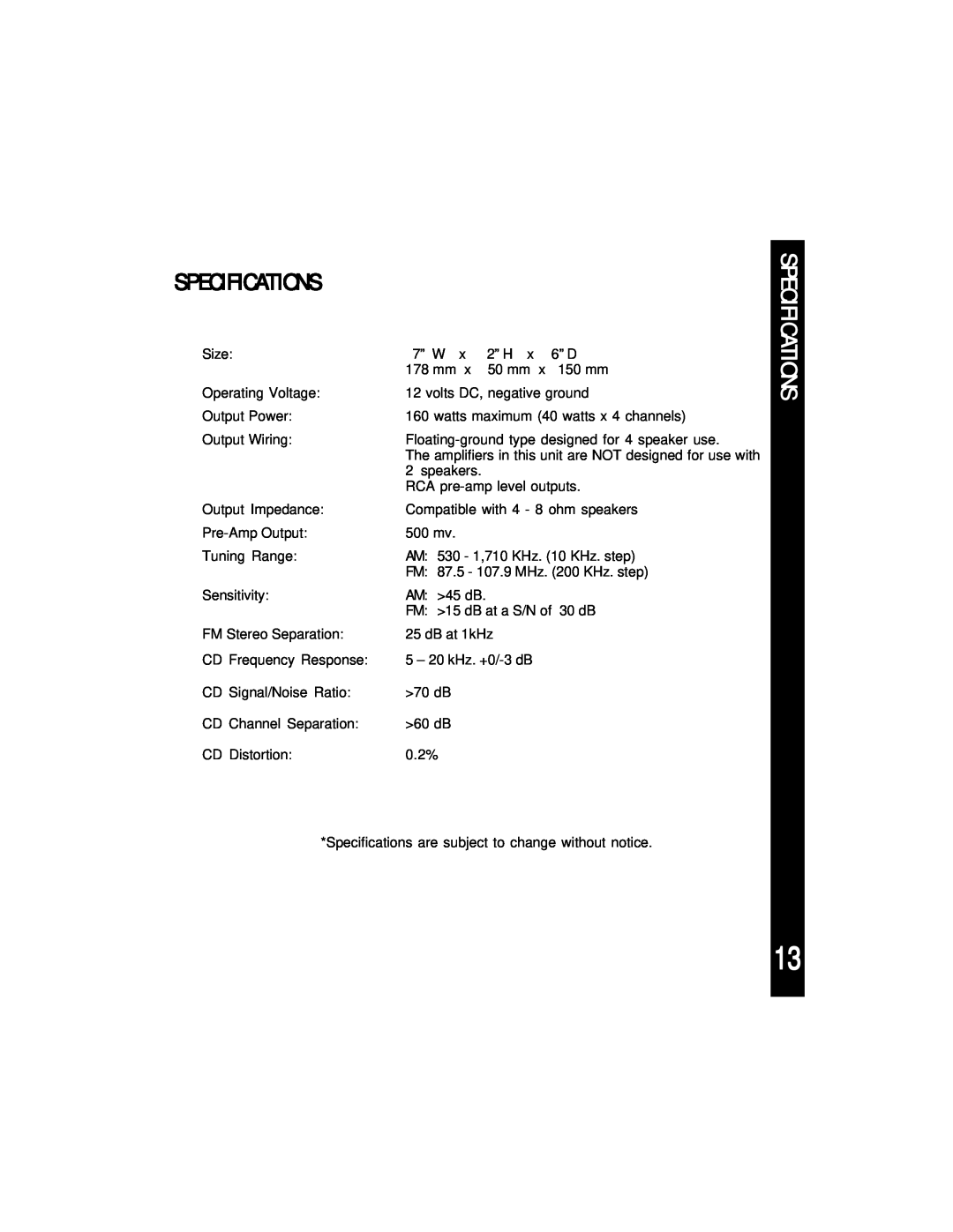 Audiovox ACD-28A manual Specifications 