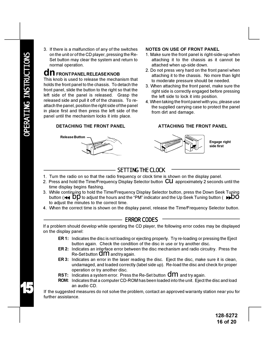 Audiovox ACD-32A manual Settingtheclock, Errorcodes, Detaching the Front Panel, Attaching the Front Panel 