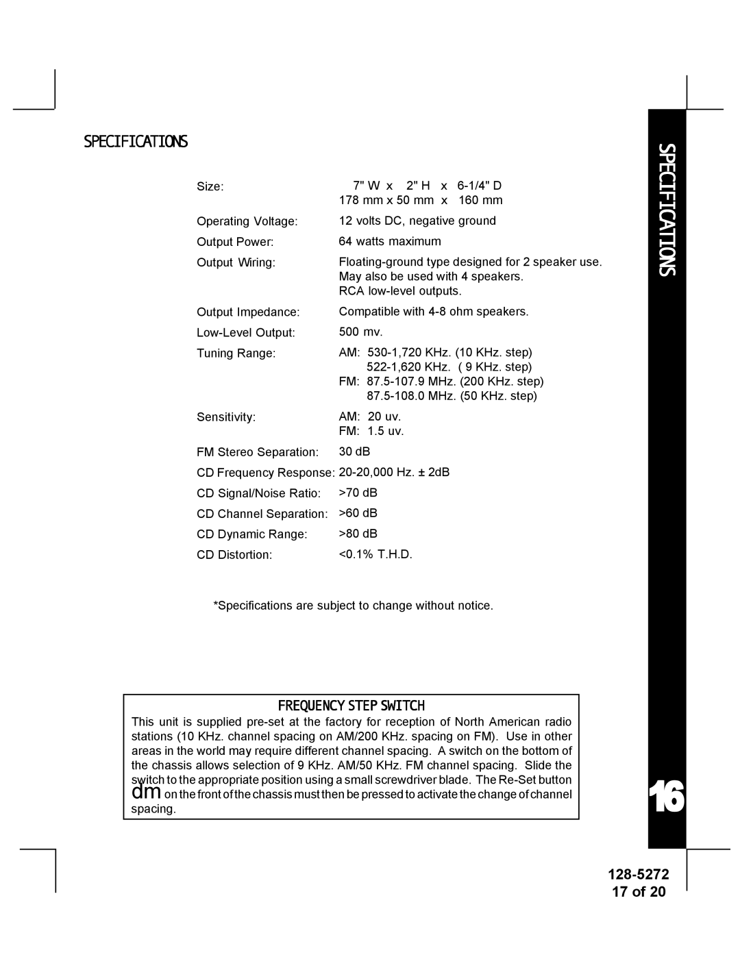 Audiovox ACD-32A manual Specifications, Frequencystepswitch 