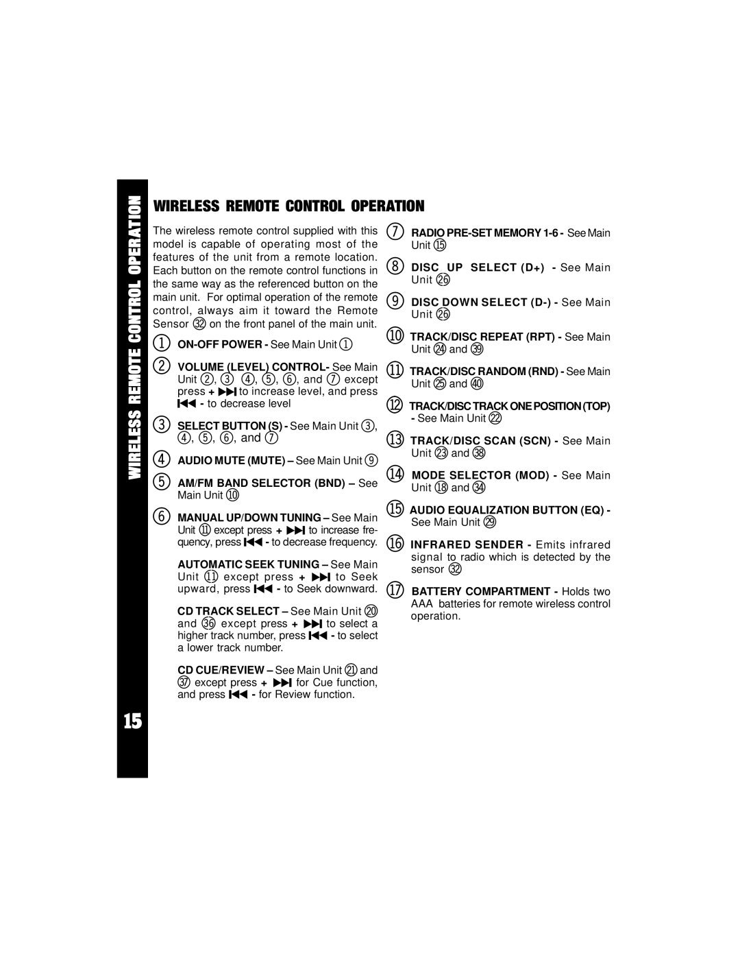 Audiovox ACD-70 owner manual Wireless Remote Control Operation, Press + to increase level, and press To decrease level 