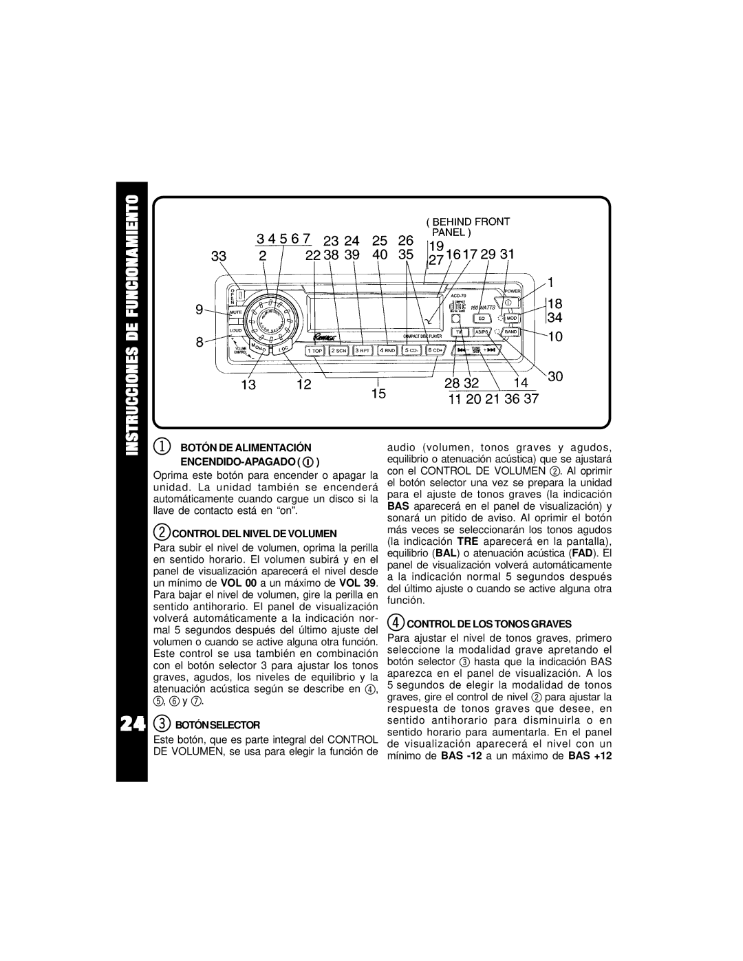 Audiovox ACD-70 owner manual Instrucciones DE Funcionamiento, Botón DE Alimentación ENCENDIDO-APAGADO 