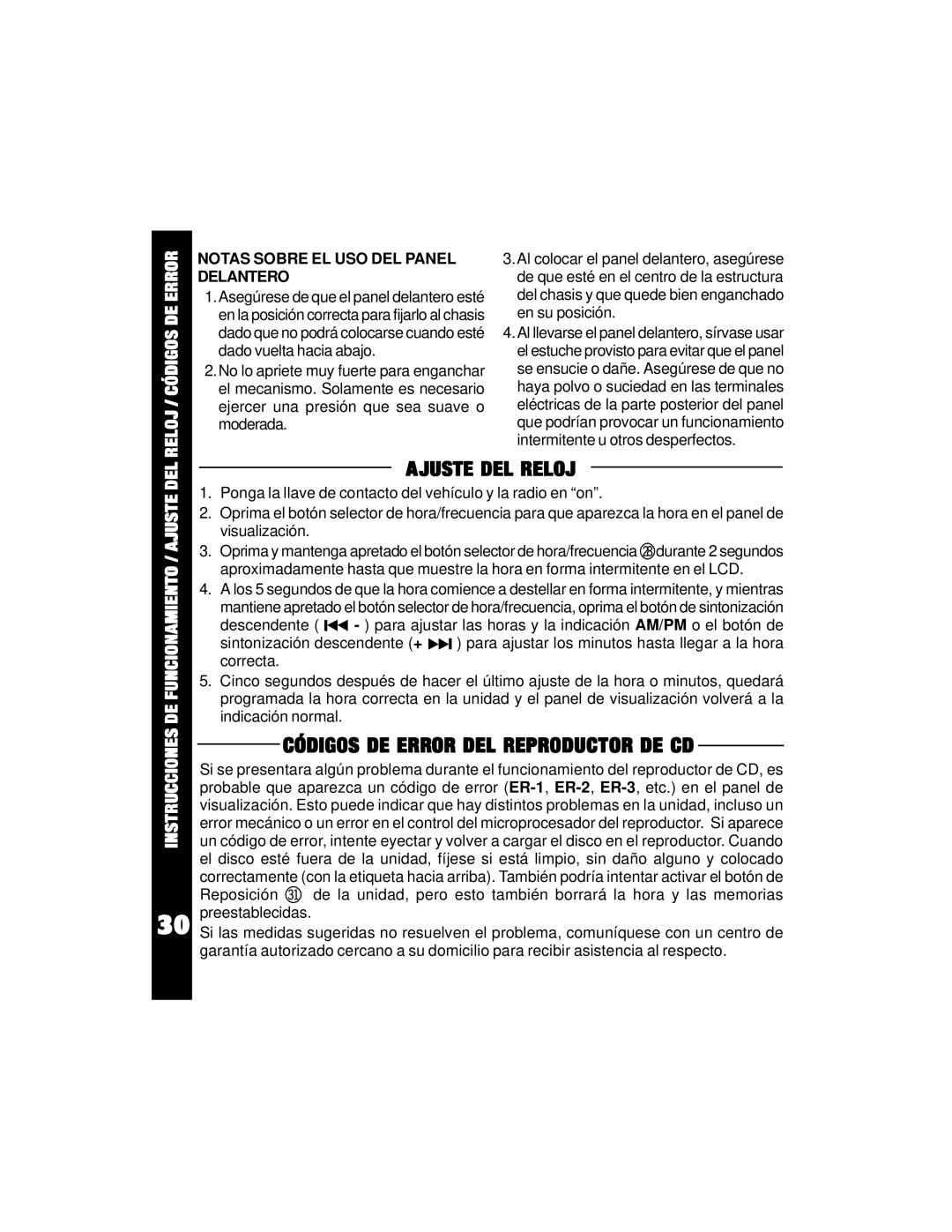 Audiovox ACD-70 owner manual Ajuste DEL Reloj, Códigos DE Error DEL Reproductor DE CD 