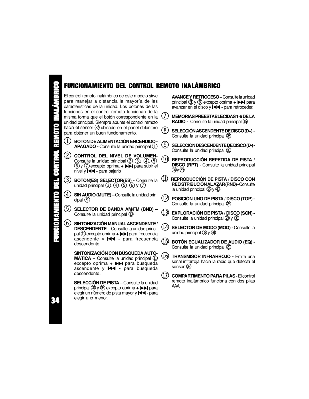 Audiovox ACD-70 owner manual Funcionamiento DEL Control Remoto Inalámbrico, Sintonización Manual Ascendente 