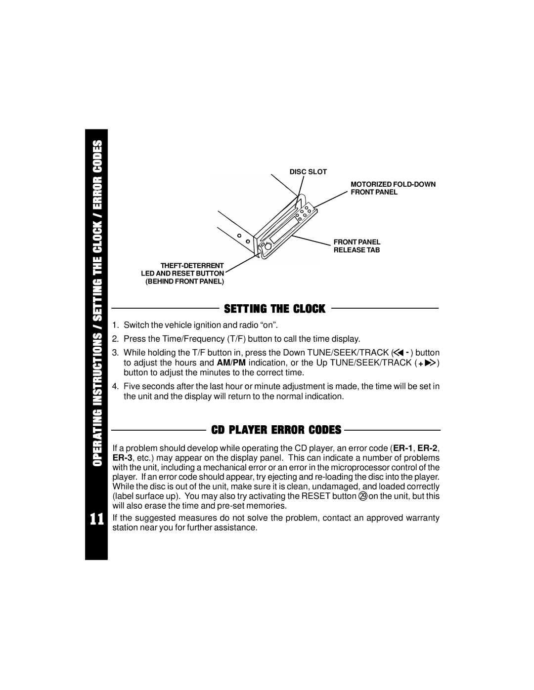 Audiovox ACD-84 owner manual Operating Instructions / Setting the Clock / Error Codes, CD Player Error Codes 